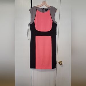 Tahari Pink, Black & Gray Colorblock Midi Sheath Dress